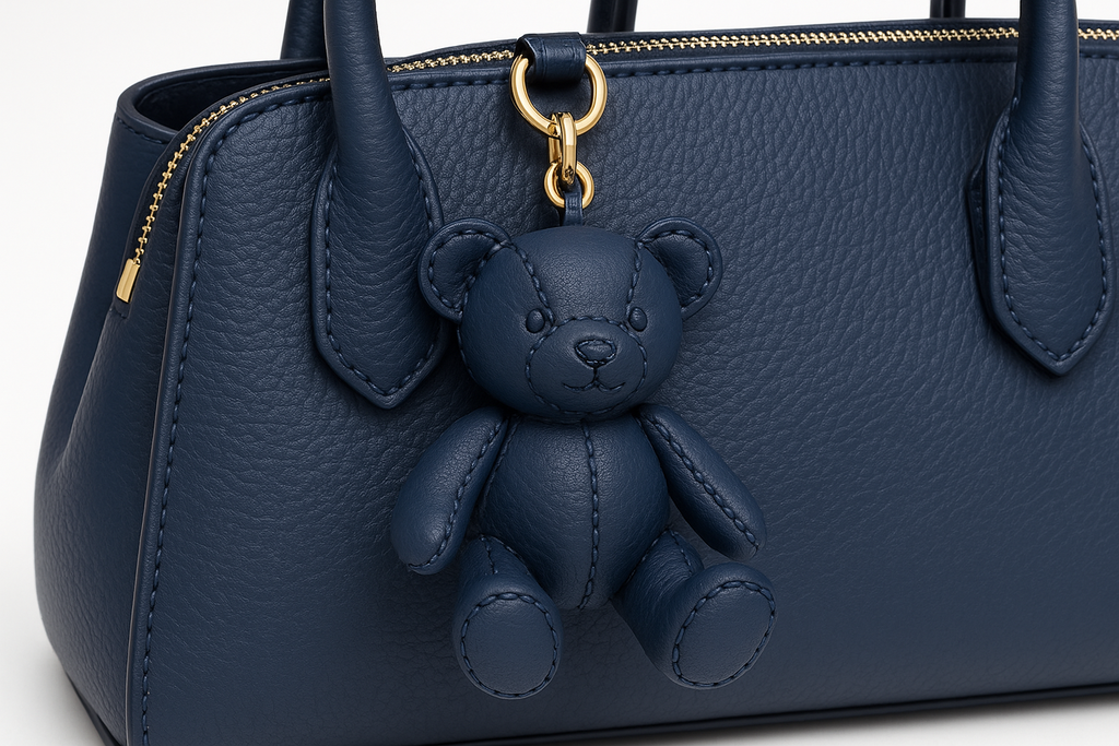 Women's Navy Blue Leather Handbag with Teddy Bear Charm - Whimsy Collection