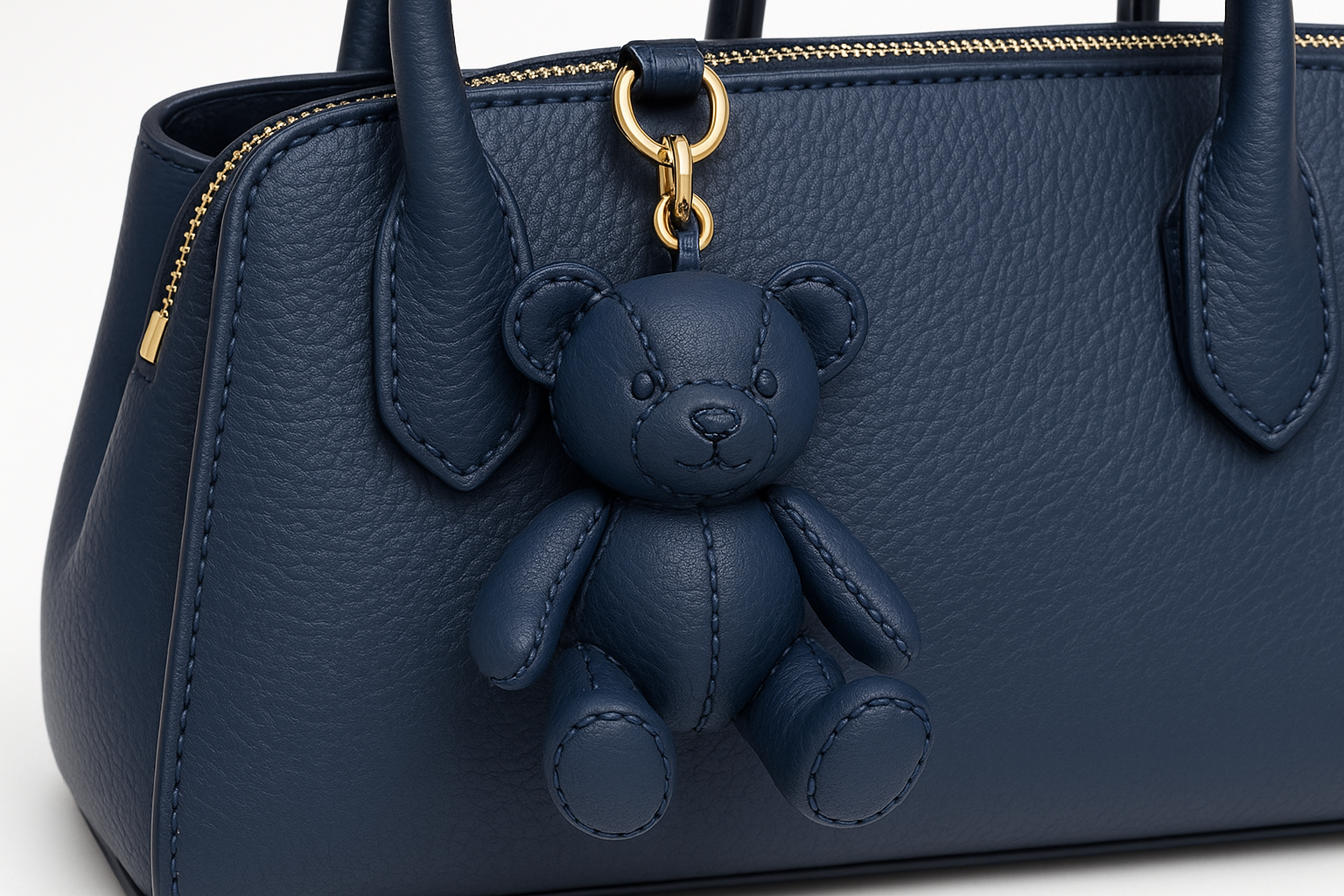 Women's Navy Blue Leather Handbag with Teddy Bear Charm - Whimsy Collection