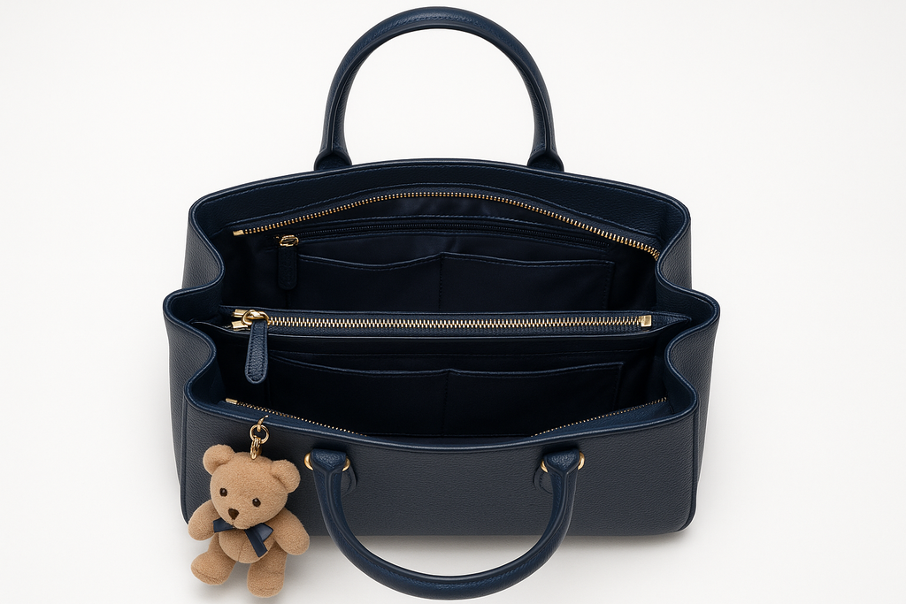 Women's Navy Blue Leather Handbag with Teddy Bear Charm - Whimsy Collection