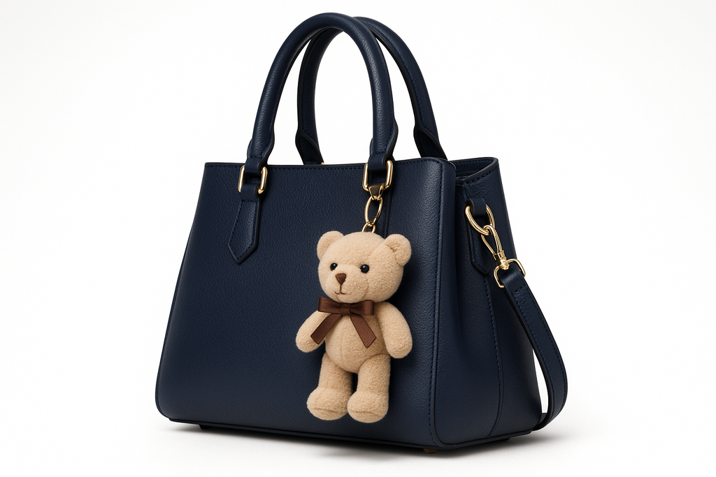 Women's Navy Blue Leather Handbag with Teddy Bear Charm - Whimsy Collection