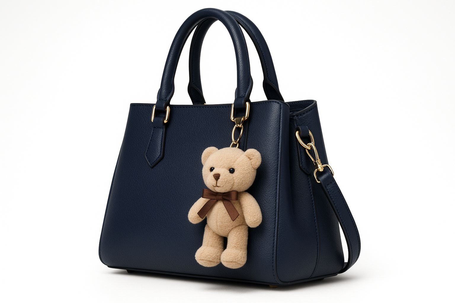 Women's Navy Blue Leather Handbag with Teddy Bear Charm - Whimsy Collection