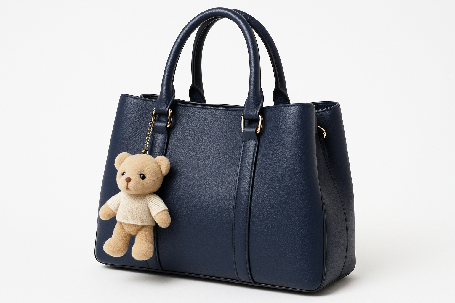 Women's Navy Blue Leather Handbag with Teddy Bear Charm - Whimsy Collection