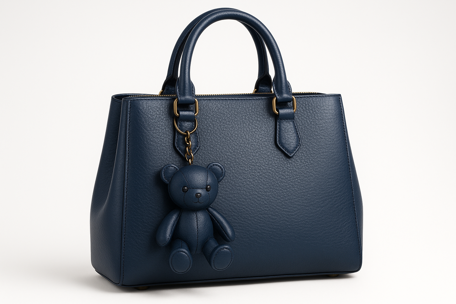 Women's Navy Blue Leather Handbag with Teddy Bear Charm - Whimsy Collection